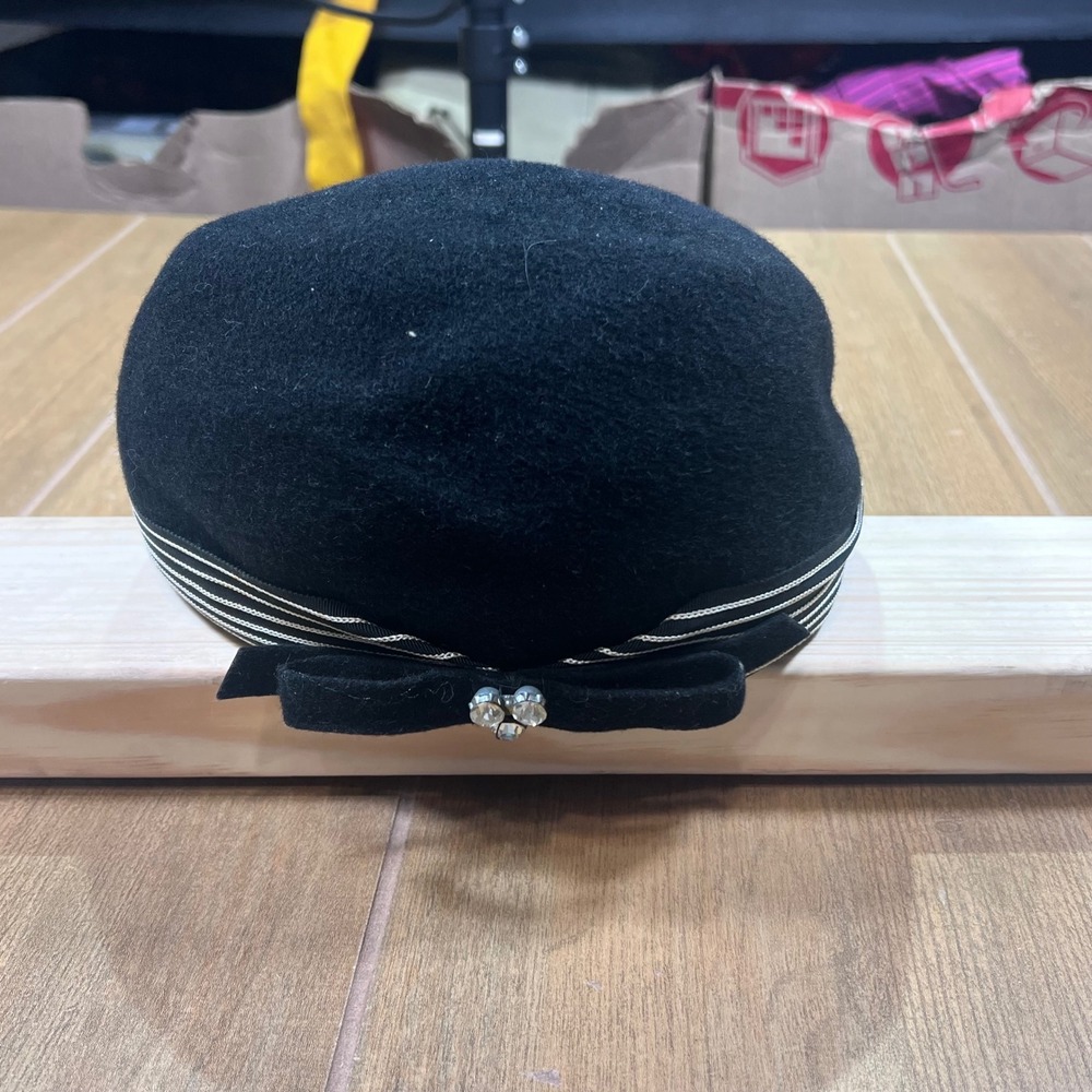 Vintage Sears Millinery Black Wool Henry Pollak Bow Rhinestone Hat Ritz New York